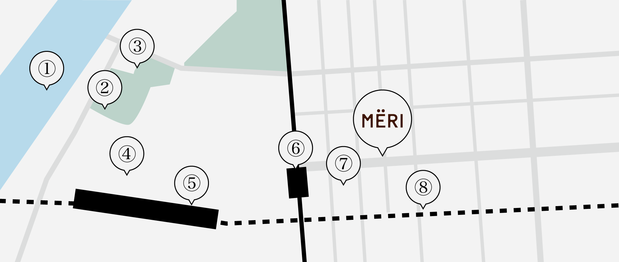 Map showing the area around the MERI store with nearby streets and landmarks.